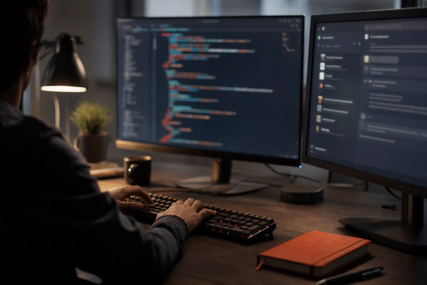 Developer working across code and an AI assistant panel