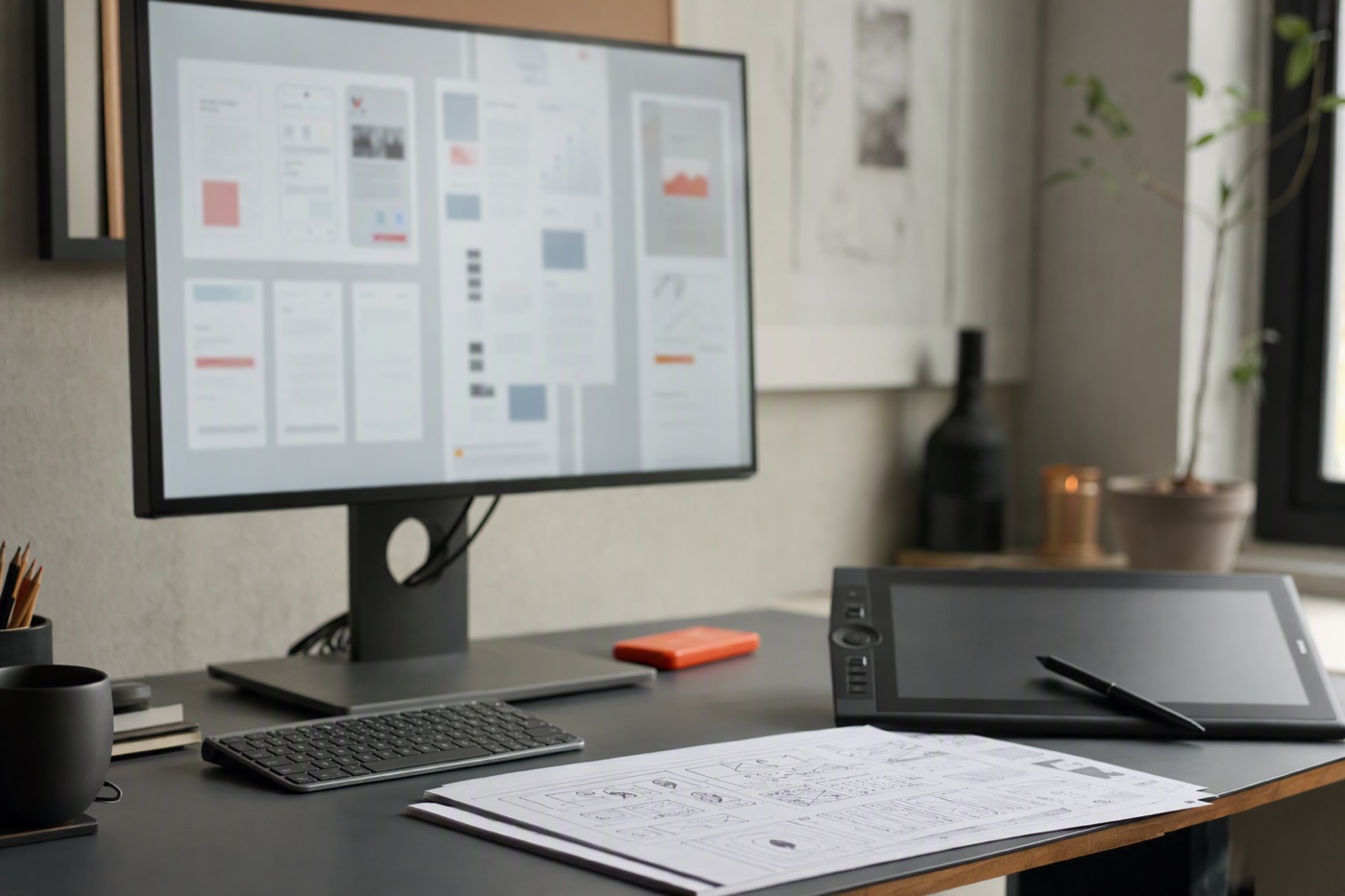 Designer’s workstation with interface mockups and wireframe sketches
