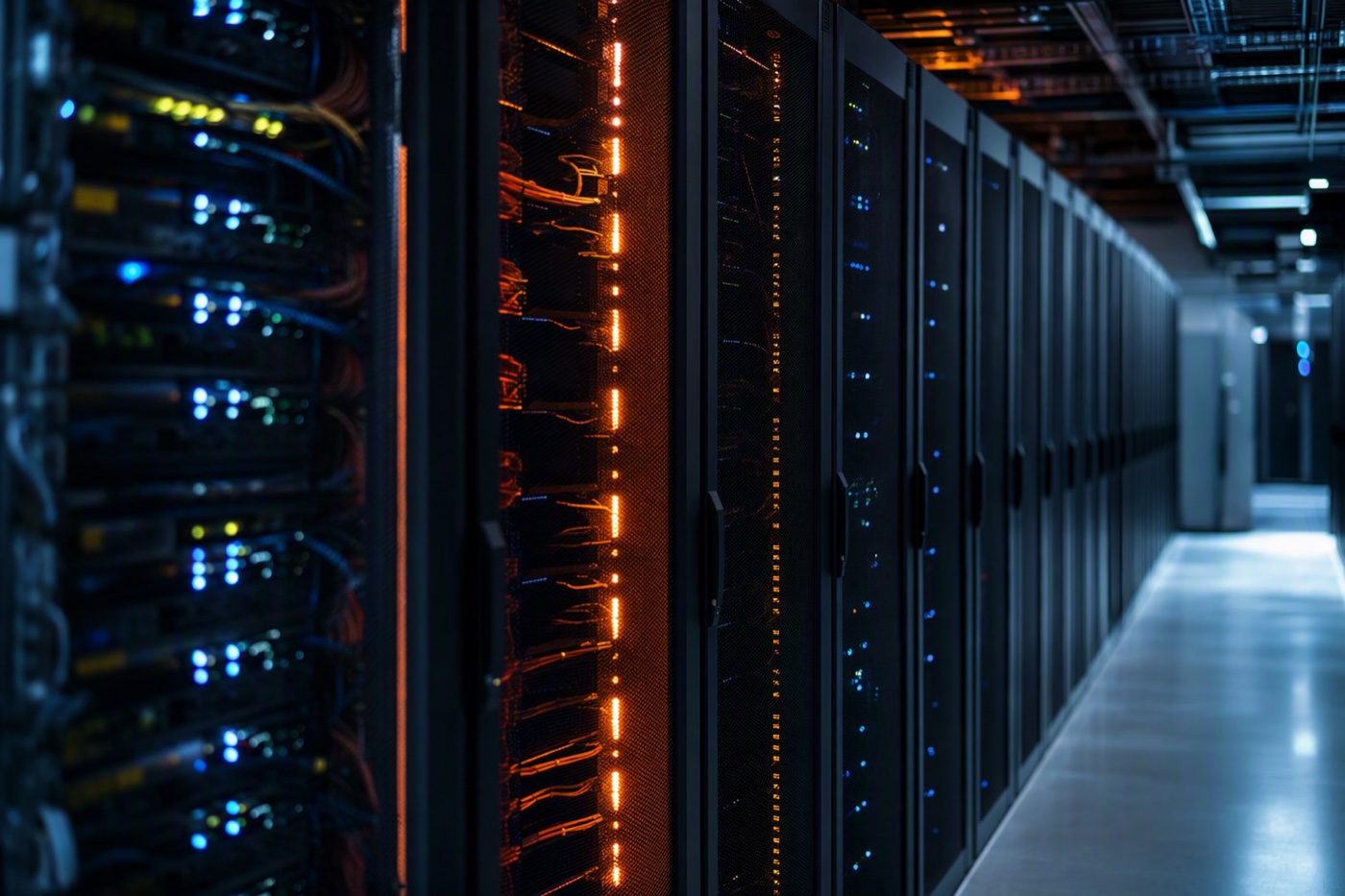 Server racks with orange status lighting in a data center